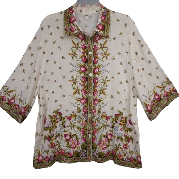 Max Studio | NWT Floral Print Short Sleeve Blouse Ecru | Size S - Picture 1 of 12